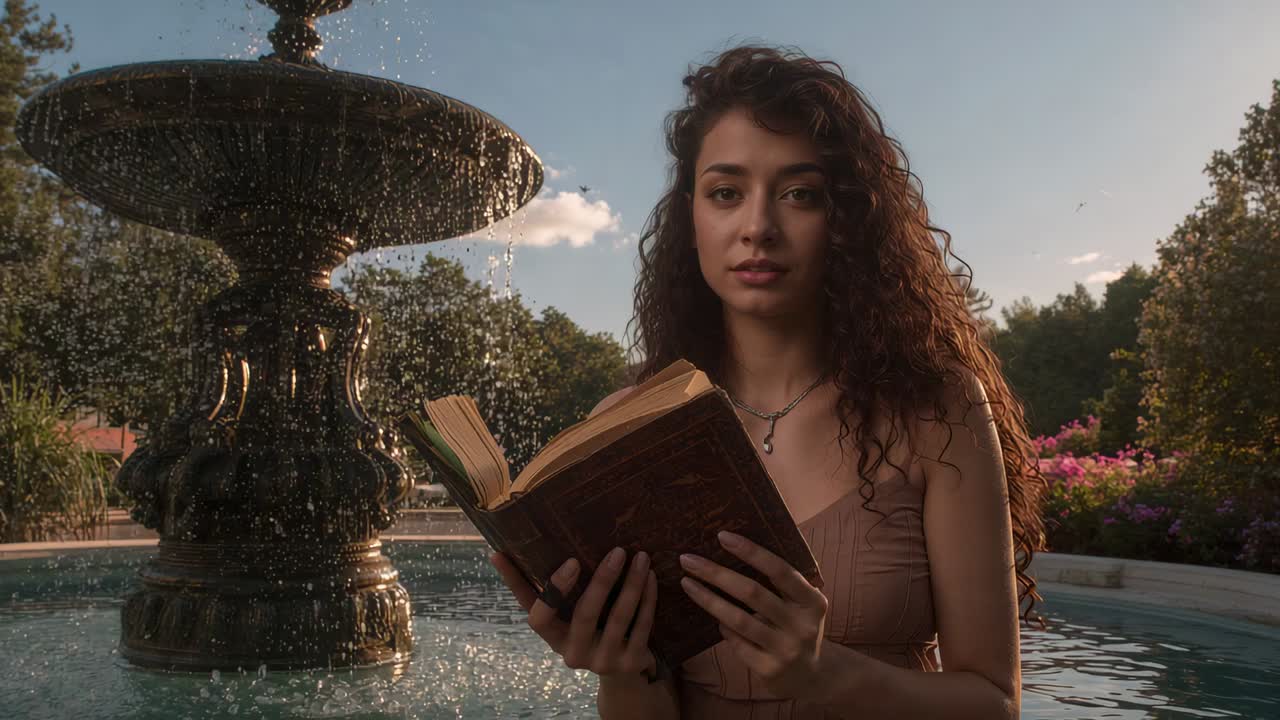 Camera-drawing woman with pendant in fountain glancing between book and camera as man walking right