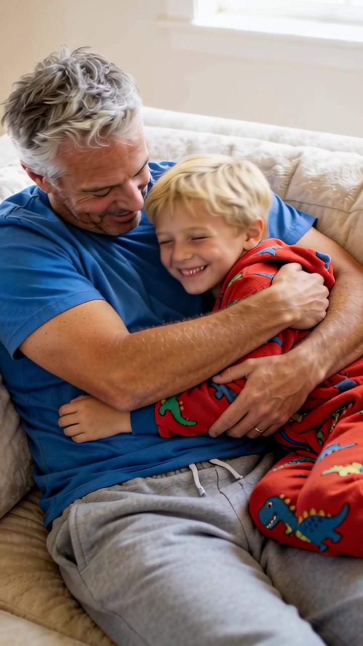 Vertical video: Nestling boy urging dad hugging nuzzling for comfort on couch, red dinosaur pajamas
