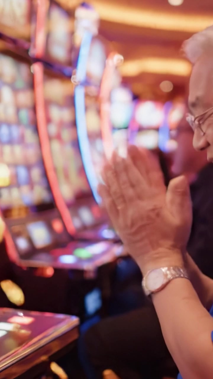 Un momento coinvolgente alle slot: un signore anziano si diverte a giocare a una slot machine in un vivace ambiente di casinò, circondato da luci colorate e altri giocatori.
