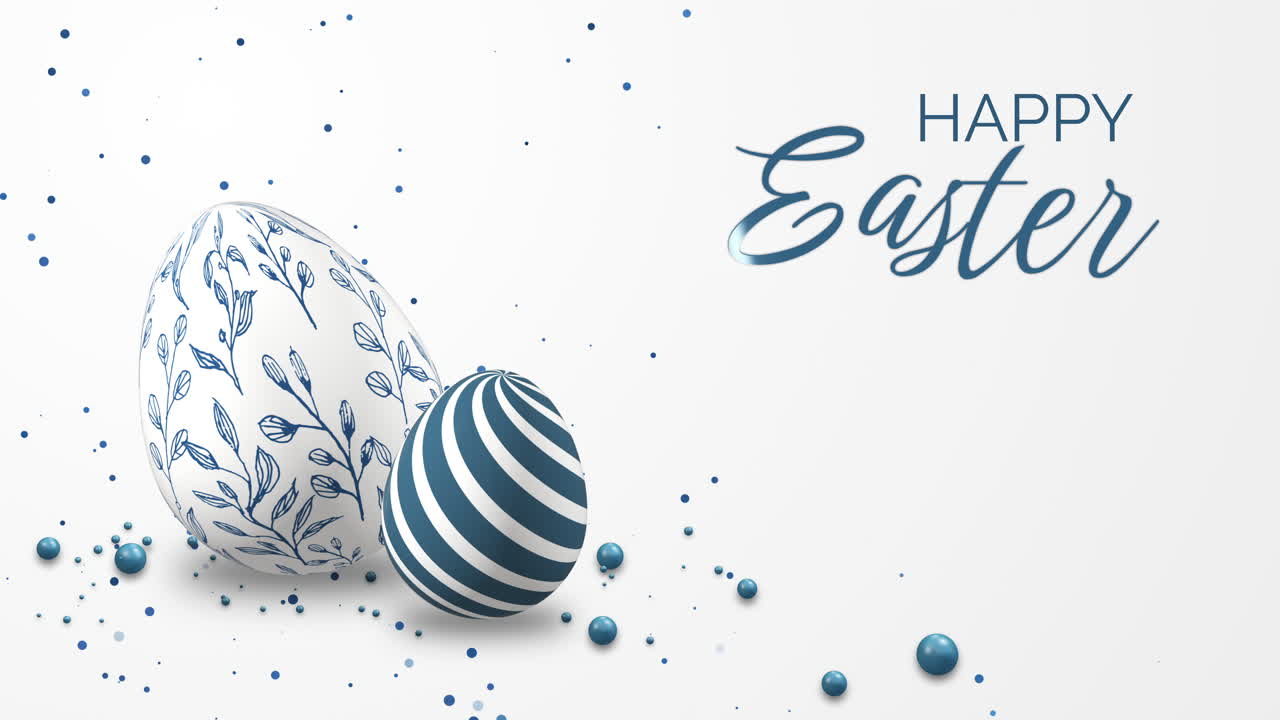 White background with realistic 3D models of Easter eggs with patterns. Looped spring animation with falling blue balls and confetti. Happy Easter.