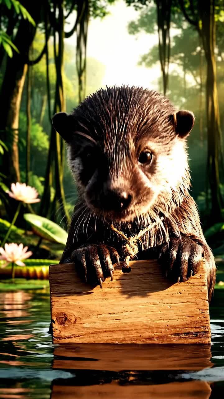 Una nutria juguetona en un estanque exuberante de la selva, sosteniendo un cartel de madera