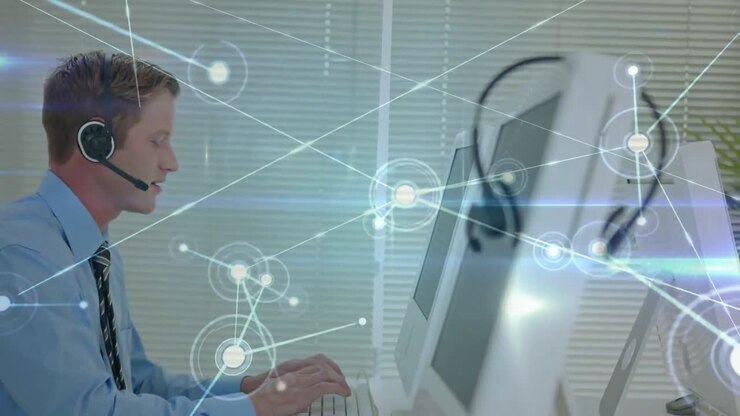 Animazione di una rete di connessioni su un uomo d'affari che indossa una cuffia telefonica