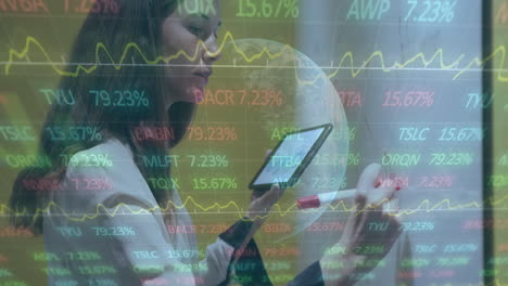 animation of data processing and globe over caucasian businesswoman working in office