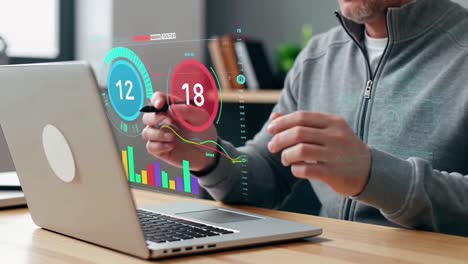 Man Working on Laptop with a Futuristic Holographic Data Analytics Dashboard Interface