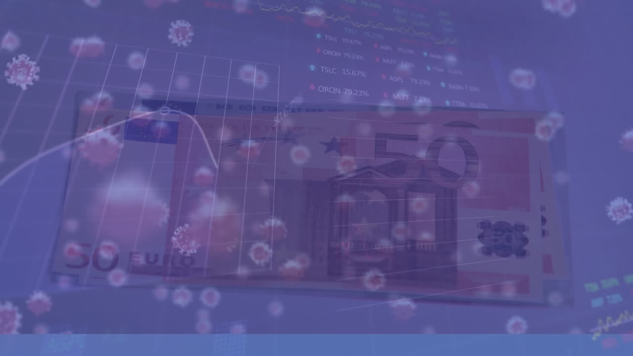 주식 시장 데이터 처리 및 유로 지폐에 대해 떠다니는 covid-19 세포의 애니메이션