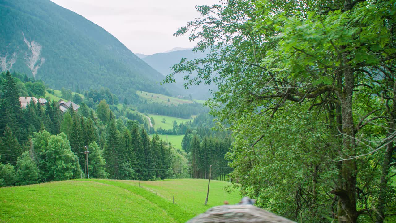 Wide angle left side panning shot of beautiful grasslands, hills, and trees in Topla Valley, Crna na Koroskem during the day