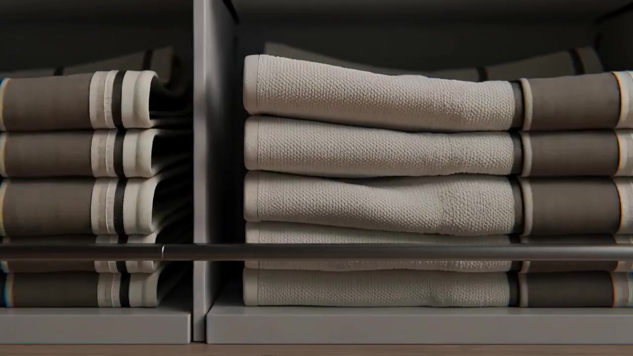Sliding camera revealing centered folded bath towels in cubby-style shelving, with metal rail