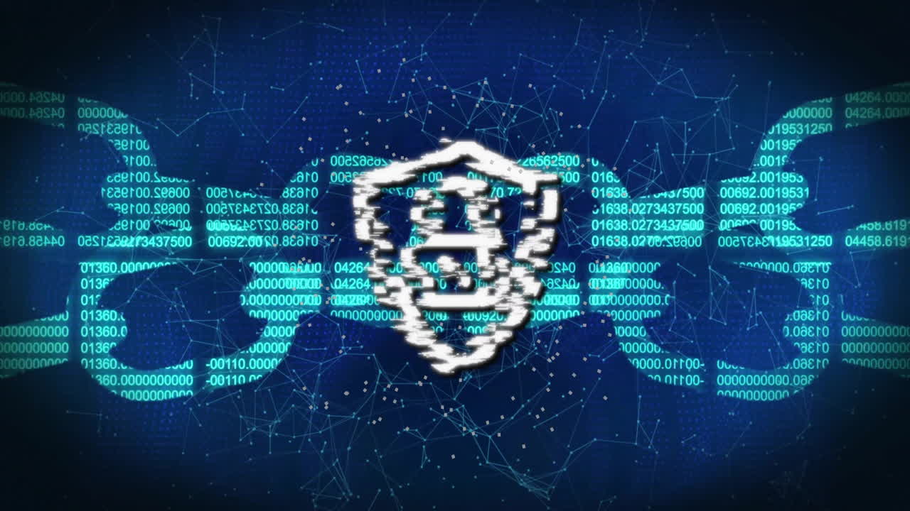 Animation of padlock icon and chain with data processing over connections on black background