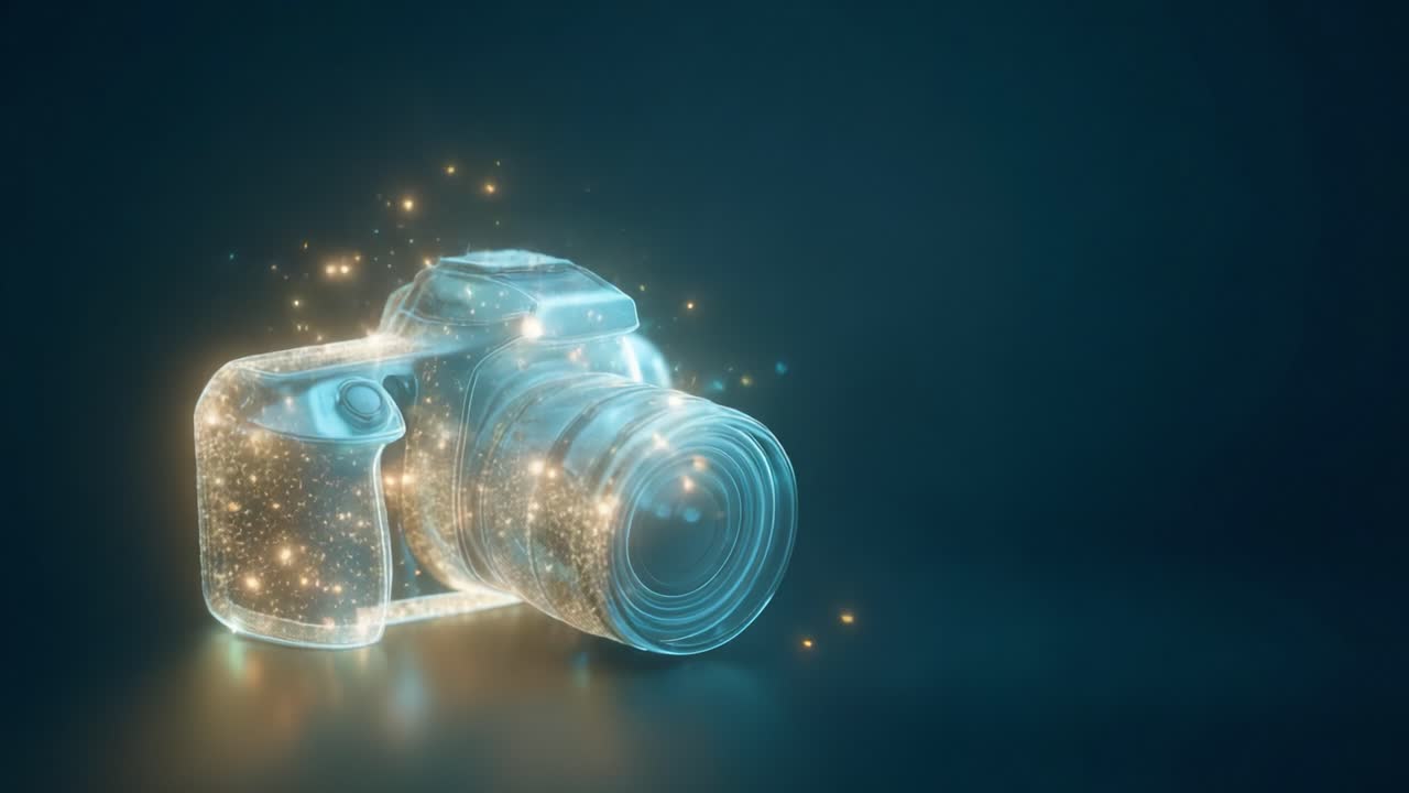 A Stunning 3D Visualization of a Sparkling Camera, Embodying the Essence of Photography and Creativity, Set Against an Elegant Dark Background Filled with Magical Lights