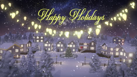 animation of christmas greetings text over christmas decorations in winter scenery