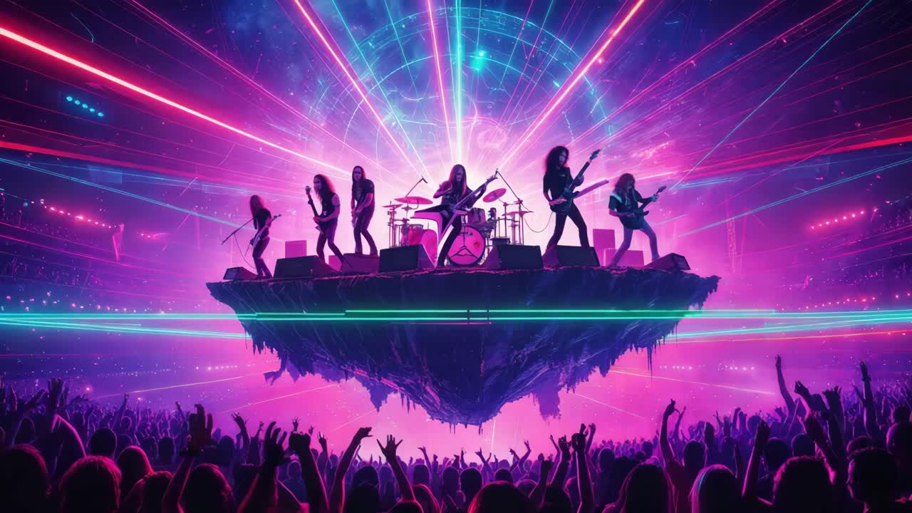 콘서트에서 떠다니는 무대에서 공연하는 록 밴드
