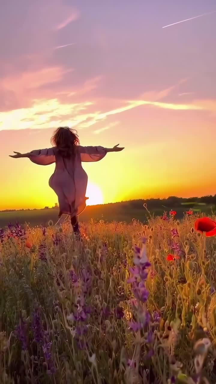 Bir tarlada gün batımını kucaklayan bir kadının silüeti, alçak açılı çekim, huzurlu video atmosferi.