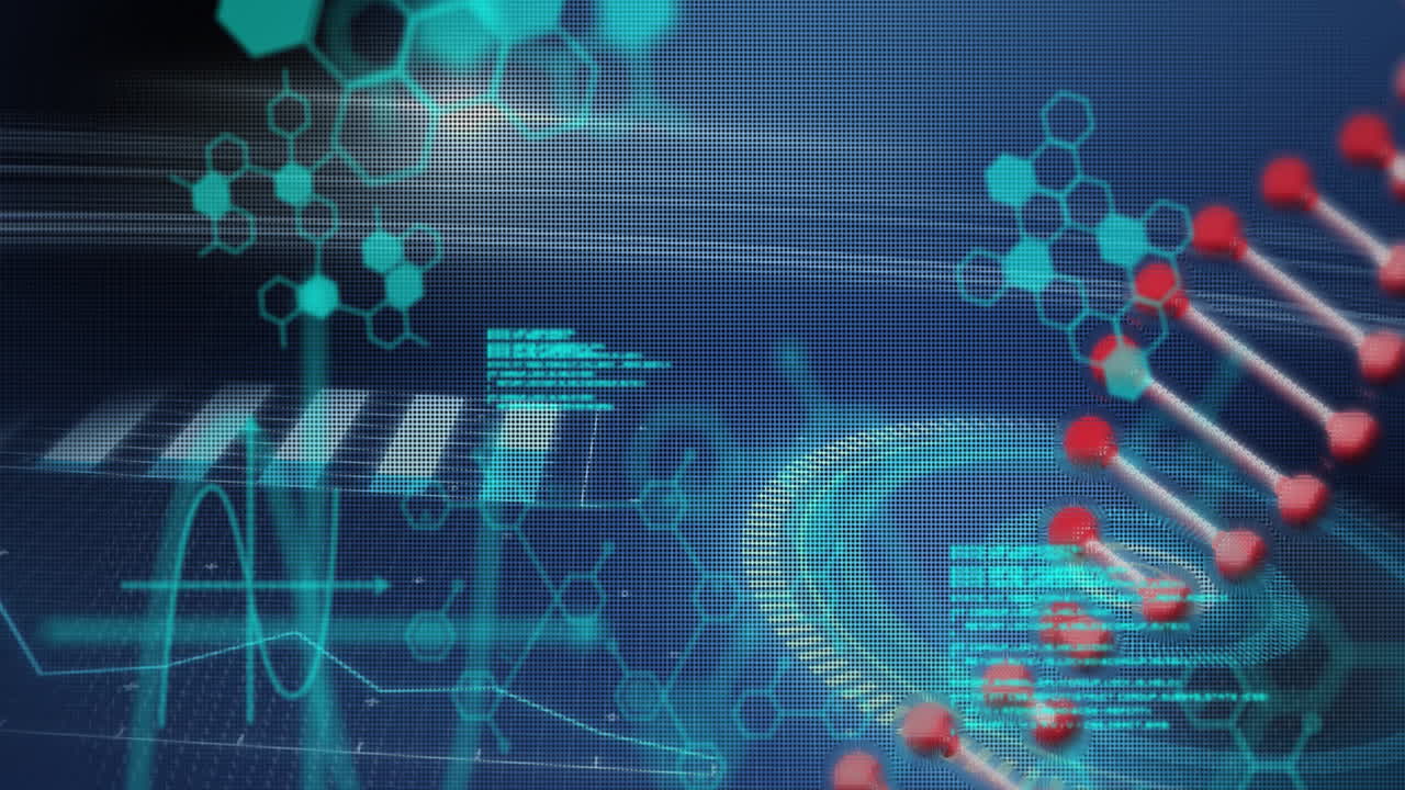 Animation of dna strand spinning and scientific data processing on blue background