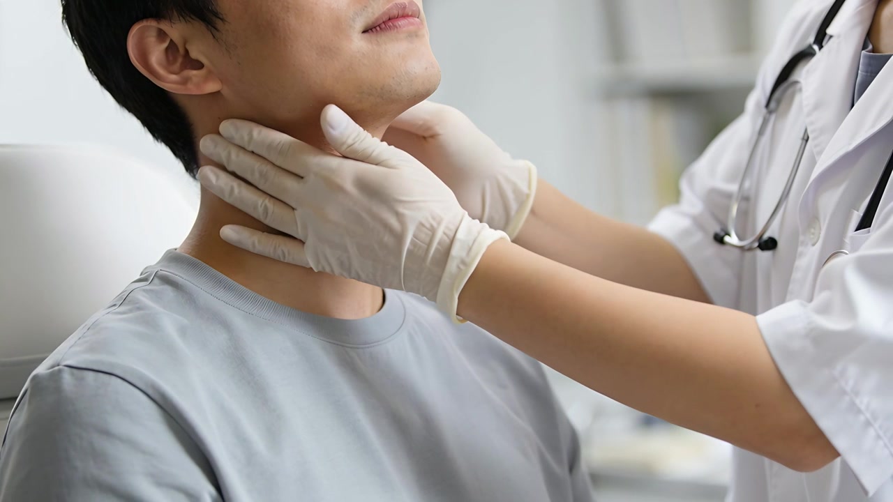 Medico che si avvicina da destra in camice bianco, palpando il collo di un uomo in clinica, controllando la tiroide con i guanti.