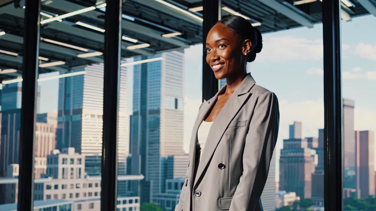 A professional woman in a gray suit smiles confidently in a modern office with a cityscape view