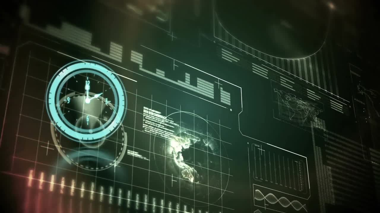 animación de reloj que se mueve rápido y procesamiento de datos con el globo en la pantalla