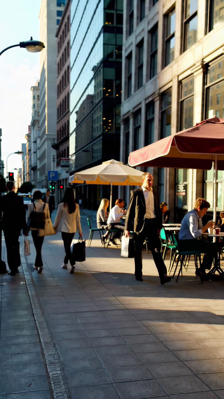 City Street Scene with People Walking and Outdoor Cafe