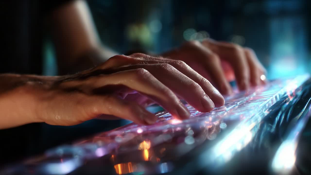 Captivating Close-Up of Hands Typing on a Glowing Transparent Keyboard, Showcasing the Intricate Movements and Modern Technology Behind Digital Communication and Creative Expression