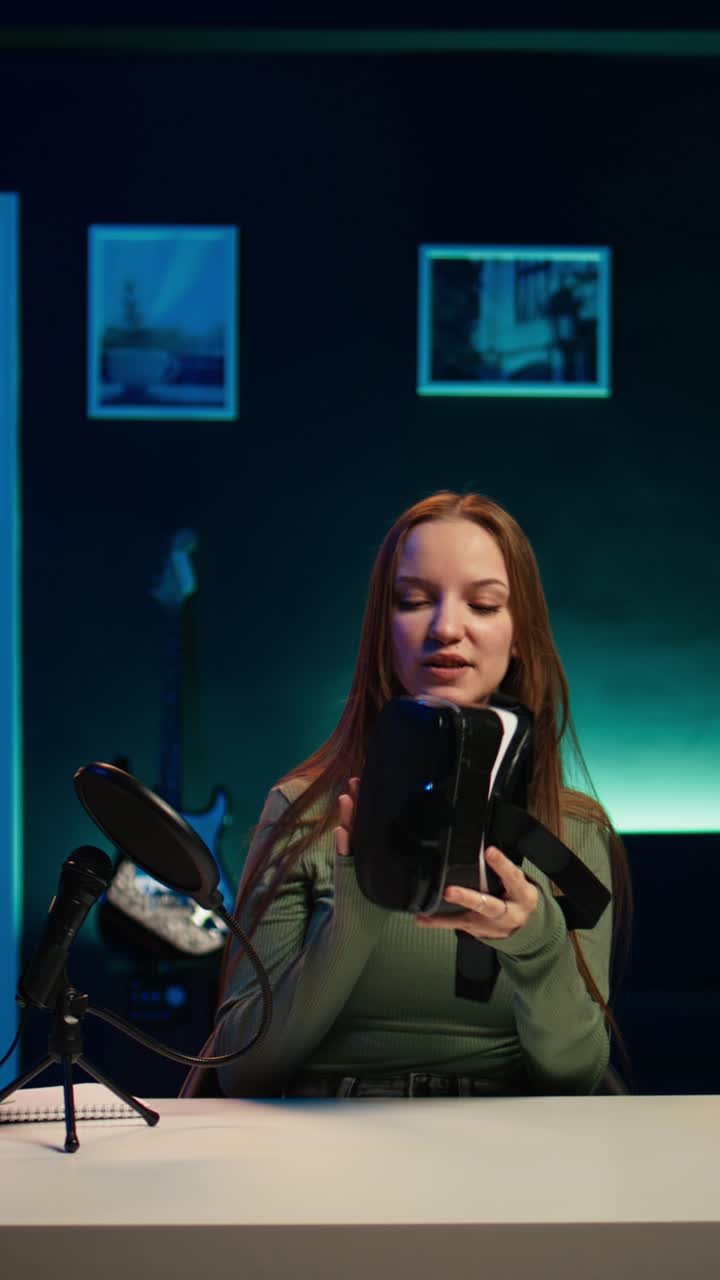 Young Woman Explaining and Reviewing a Virtual Reality Headset