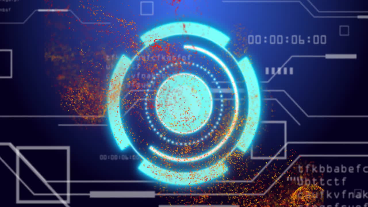 Futuristic circular interface animation over digital data and particle effects