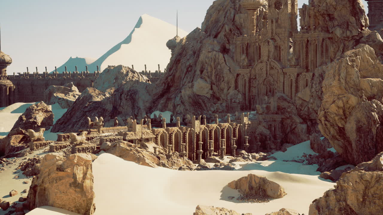 Ancient ruins reveal intricate architecture amidst vast sandy landscape