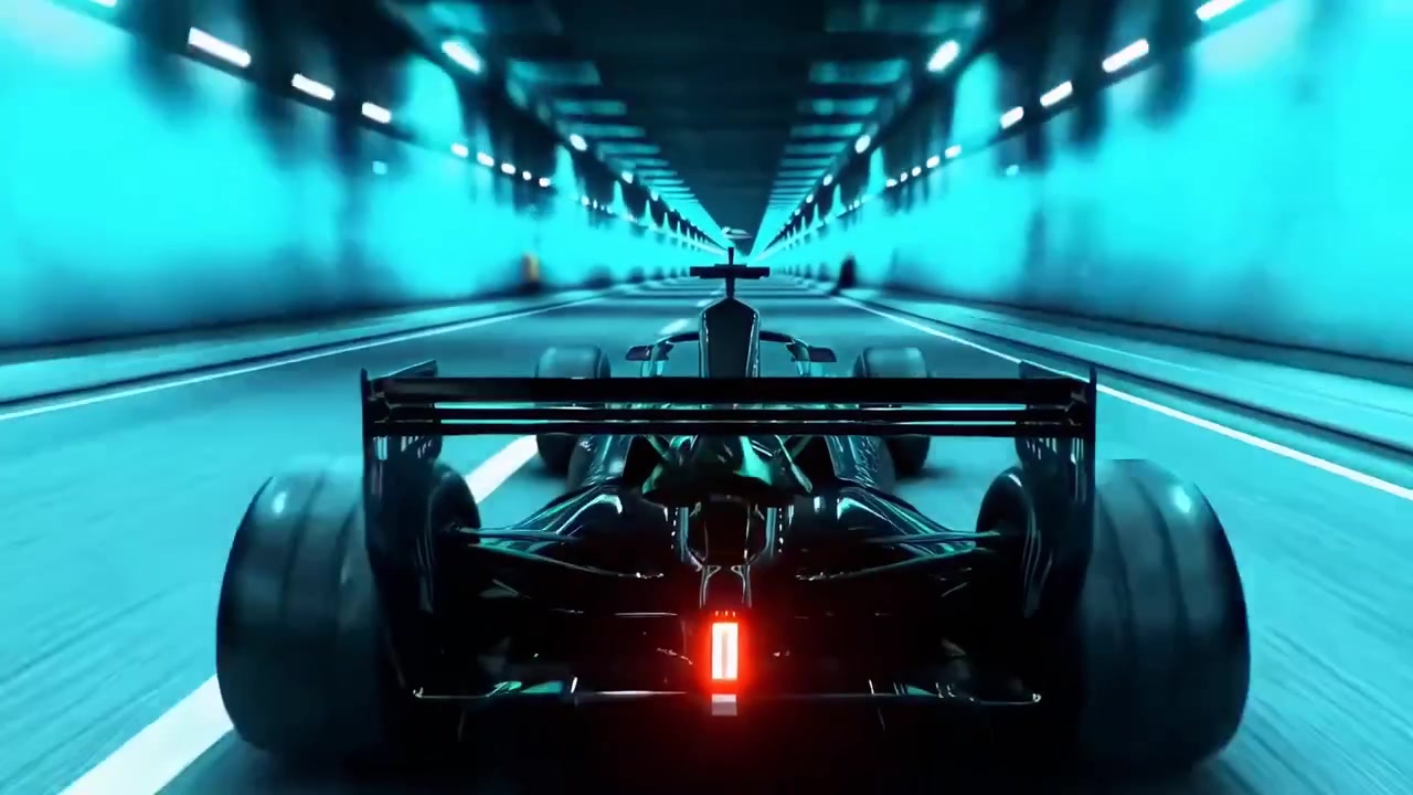 Formel 1-racerbil som kjører i høy hastighet gjennom en futuristisk neontunnel