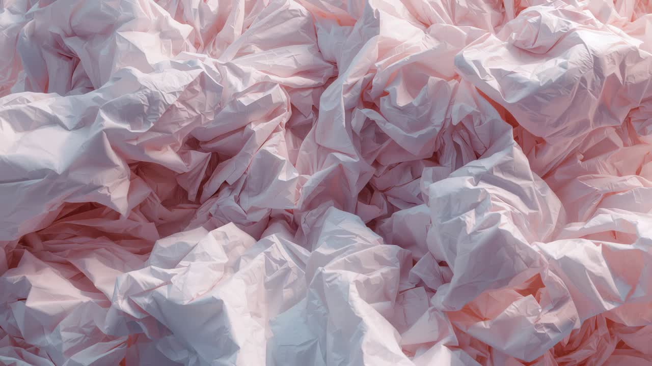 Shifting crumpled pale pink sheet pile catching studio light shifts on tabletop, revealing texture