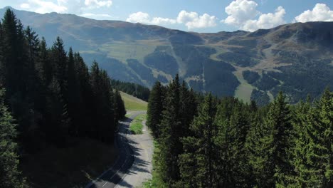 Drone-flies-over-coniferous-forest-on-sunny-day-with-mountain-in-background,-French-Alps