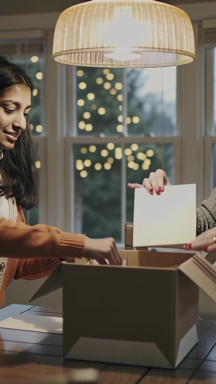 Vertical video: Opening box, two women in rust sweater, grey knit packing cards at home as gift