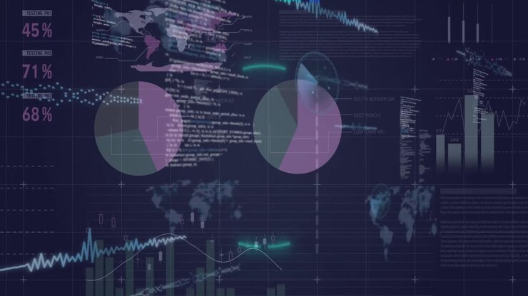 Animation of neon circular shapes over statistical data processing against blue background