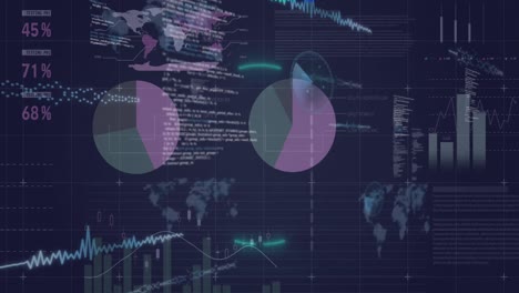 Animación-De-Formas-Circulares-De-Neón-Sobre-Procesamiento-De-Datos-Estadísticos-Sobre-Fondo-Azul.