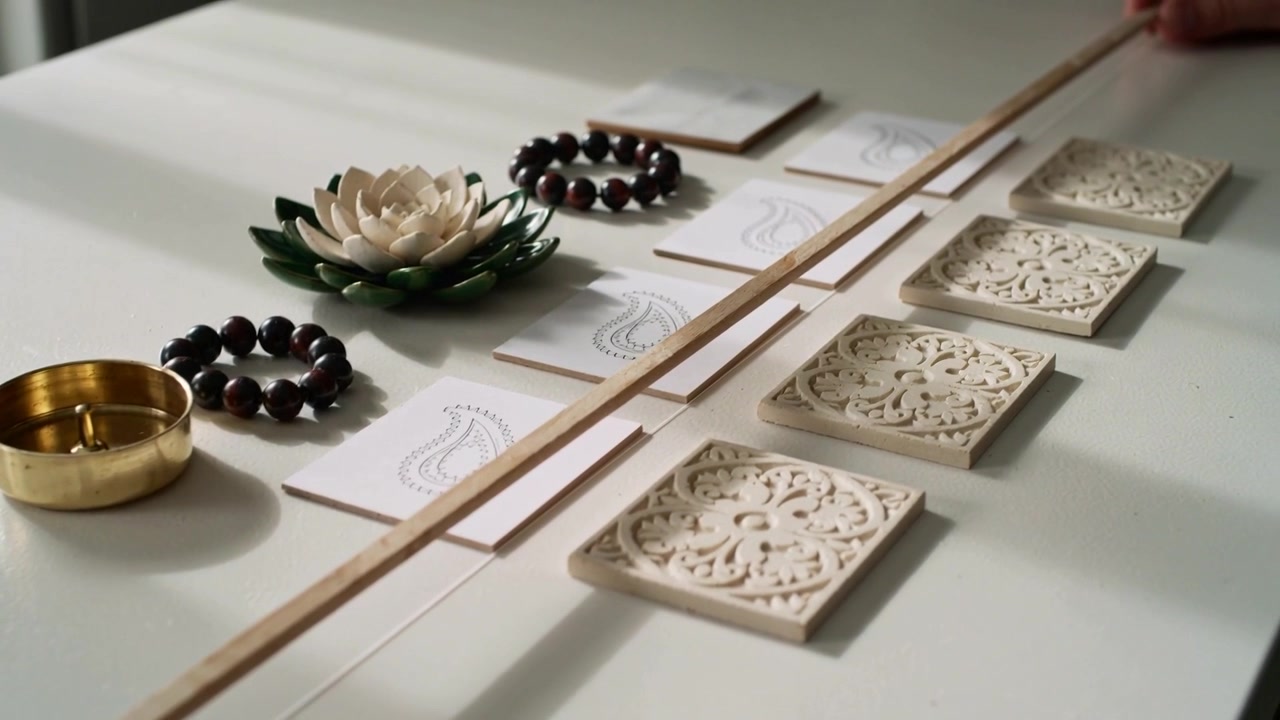 Mano sinistra che posiziona bastoncini di legno, allineando tessere intagliate e carte paisley su un tavolo bianco per l'esposizione.
