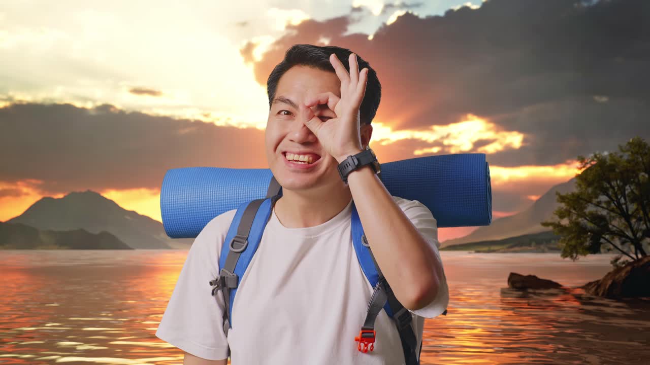 Close Up Of Asian Male Hiker With Mountaineering Backpack Smiling And Showing Ok Sign With Fingers Over Eyes At A Lake