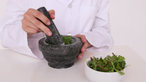 Scientist-mixing-herbs-with-pestle-and-mortar