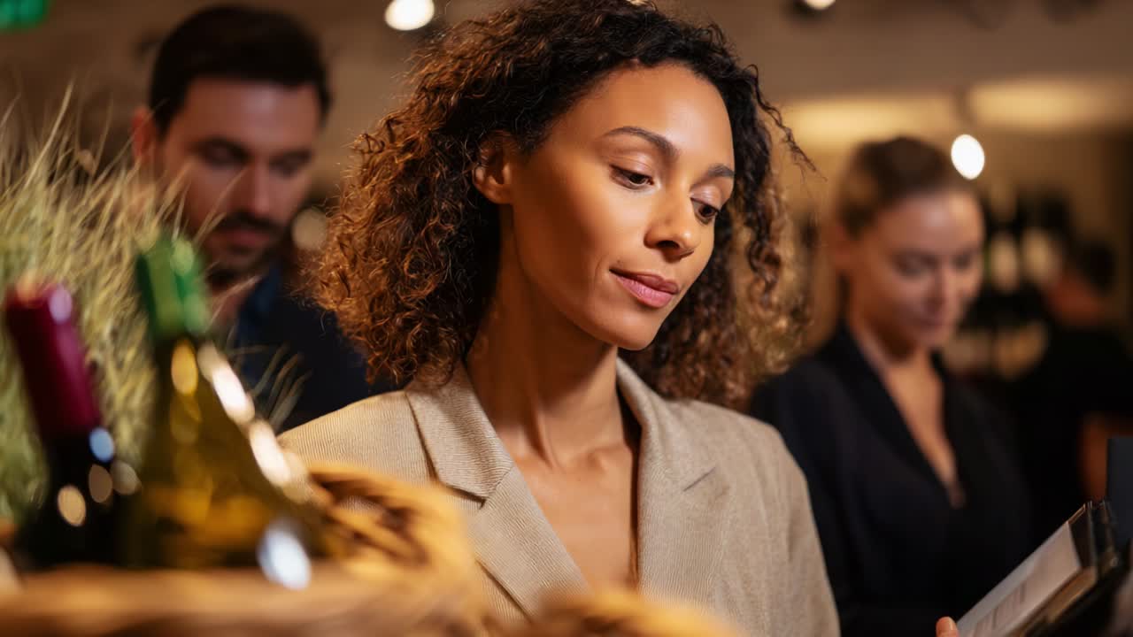 Donna piena di entusiasmo in una boutique che analizza i prodotti con curiosità, circondata da amici intenti a chiacchierare ed esplorare, mentre luci intense donano un tocco di eleganza e raffinatezza alla scena