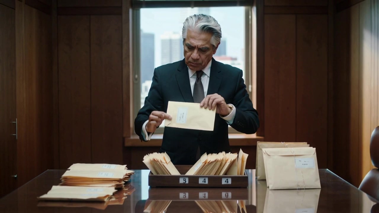 Dirigente in abito che si sporge, sfogliando buste di carta Manila in ufficio presso lo smistatore, controllando e archiviando.