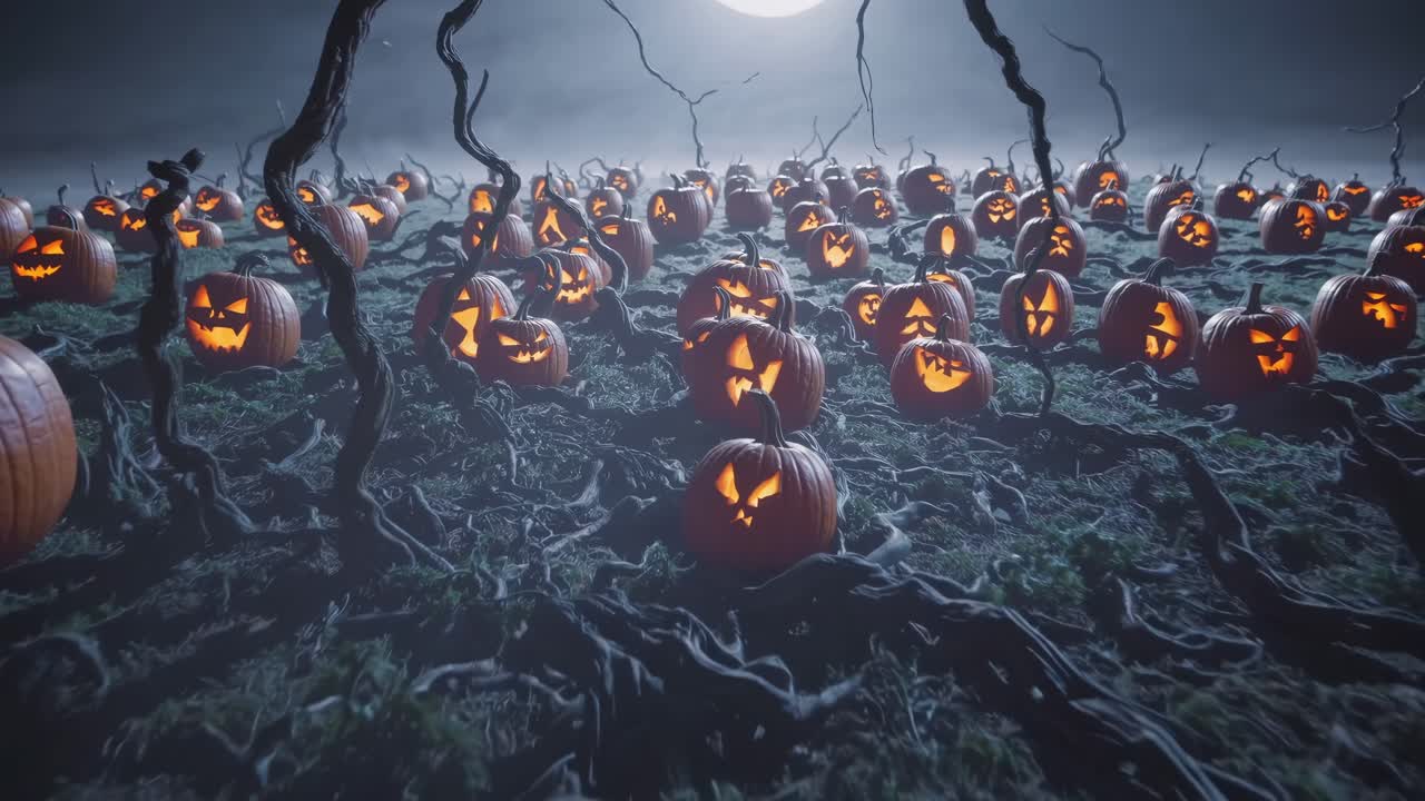 Enchanting Halloween scene unfolds with glowing jack-o'-lanterns amidst twisted branches, illuminated by a full moon, creating a captivating atmosphere of mystery and celebration