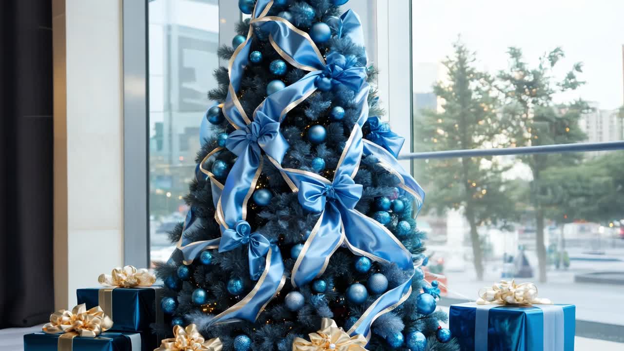 Elegant blue and gold Christmas tree adorned with shimmering ornaments and ribbons, standing gracefully near expansive window in modern office building lobby during festive winter season