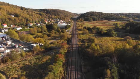 Bird's-Eye-View-of-train-tracks-in-Sweden-during-summer