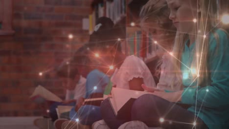 Leuchtendes-Netzwerk-Von-Verbindungen-über-Verschiedene-Schüler,-Die-In-Der-Grundschule-In-Der-Bibliothek-Studieren