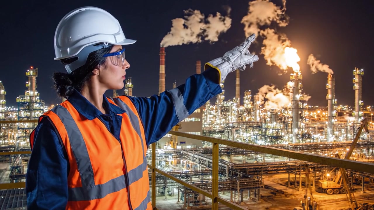 Una trabajadora industrial dedicada observa las bulliciosas operaciones en una refinería, rodeada de luces brillantes y chimeneas humeantes, enfatizando la importancia de la seguridad en la producción de energía a gran escala.