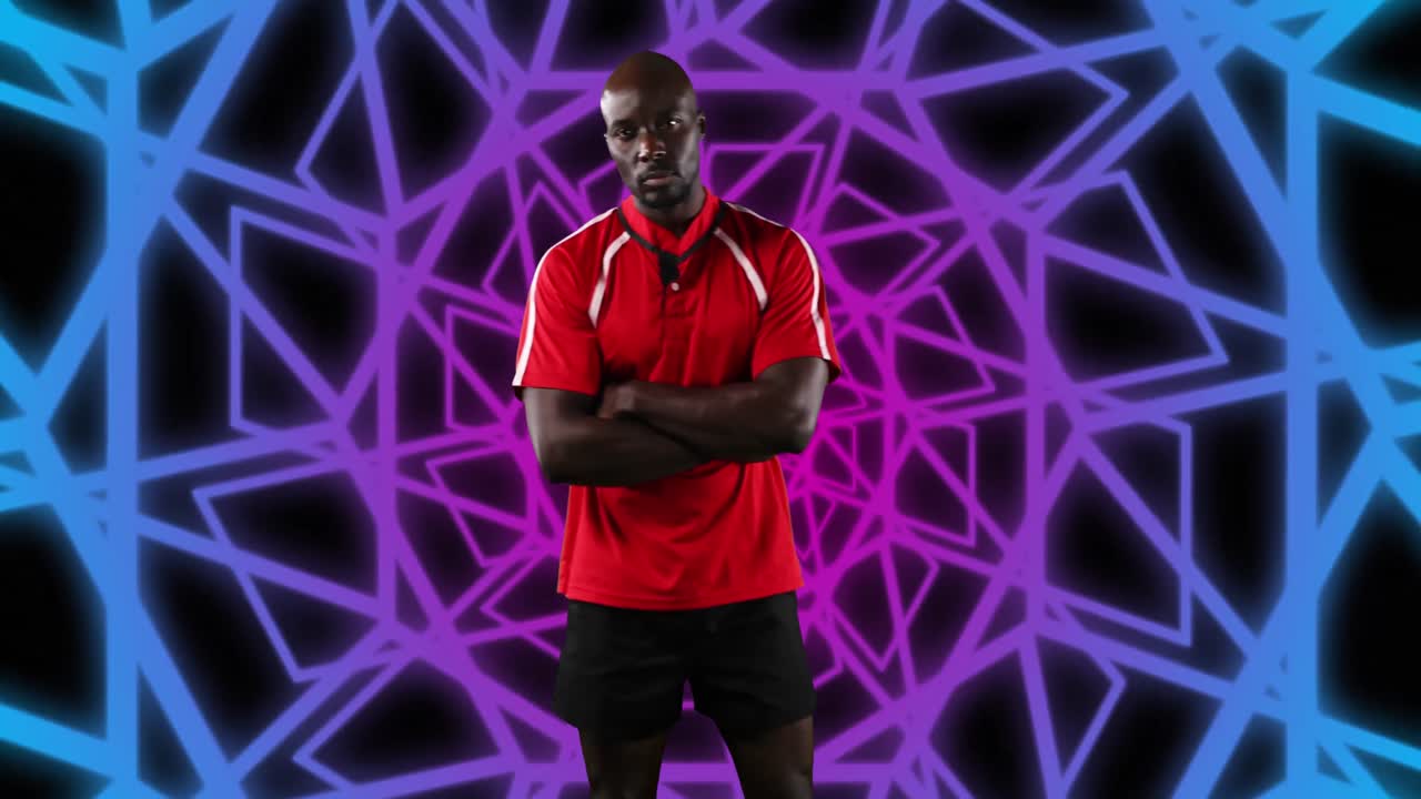 animación de un jugador de fútbol americano afroamericano con los brazos cruzados sobre formas