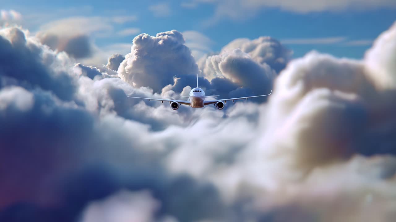 Un maestoso aeroplano che solca nuvole soffici in un cielo mozzafiato, mostrando la bellezza e la serenità del viaggio aereo in un'atmosfera pittoresca.