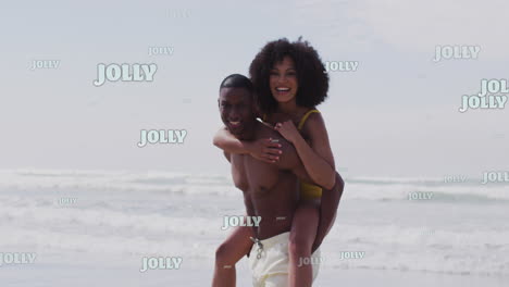 animación de texto alegre sobre una pareja afroamericana en la playa.