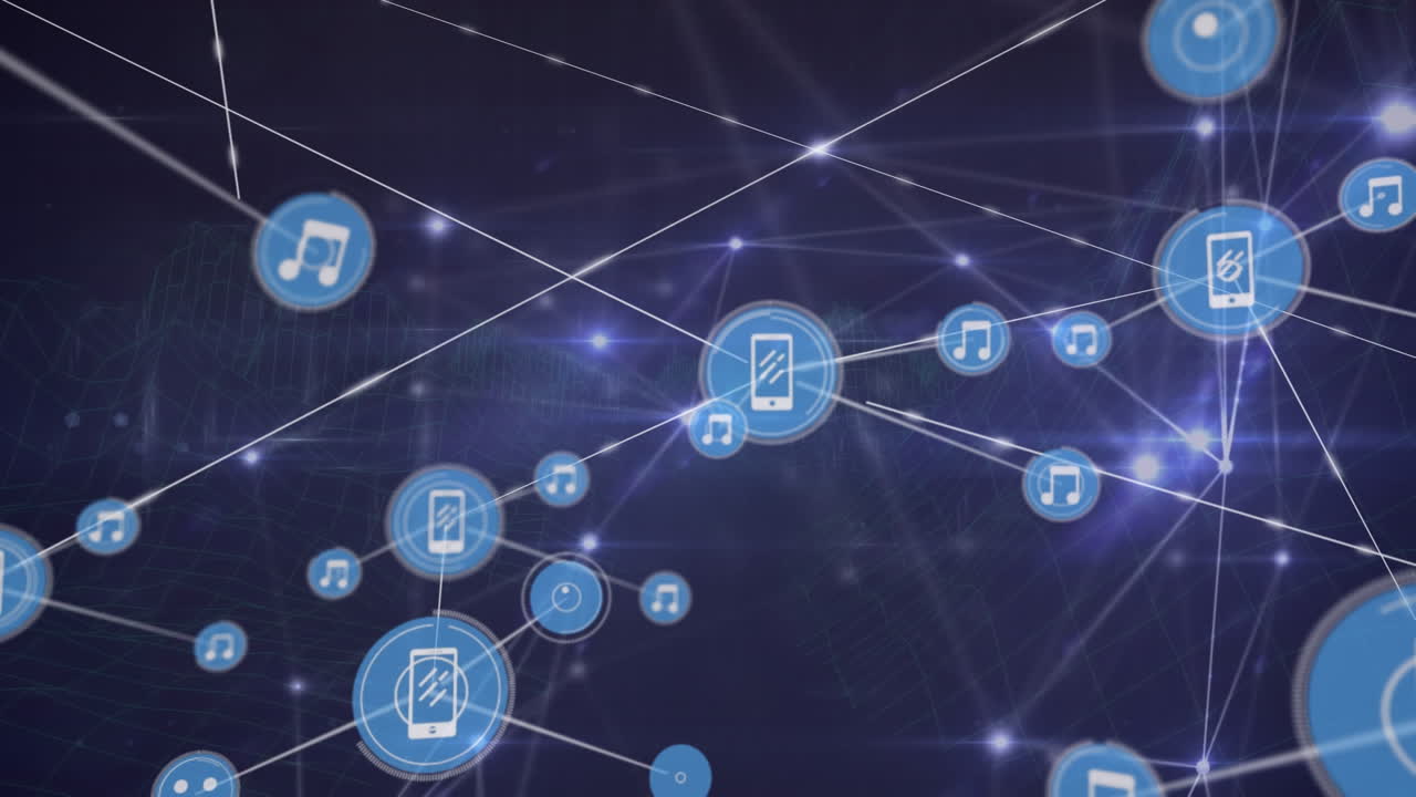 animación de la red de conexiones con iconos y rastros de luz sobre fondo negro