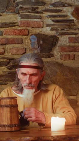 los huéspedes beben en una vieja mesa de madera bajo el control del dueño de la taberna. los personajes de cuentos de fantasía se comunican descansando en un antiguo pub con una doncella bonita.