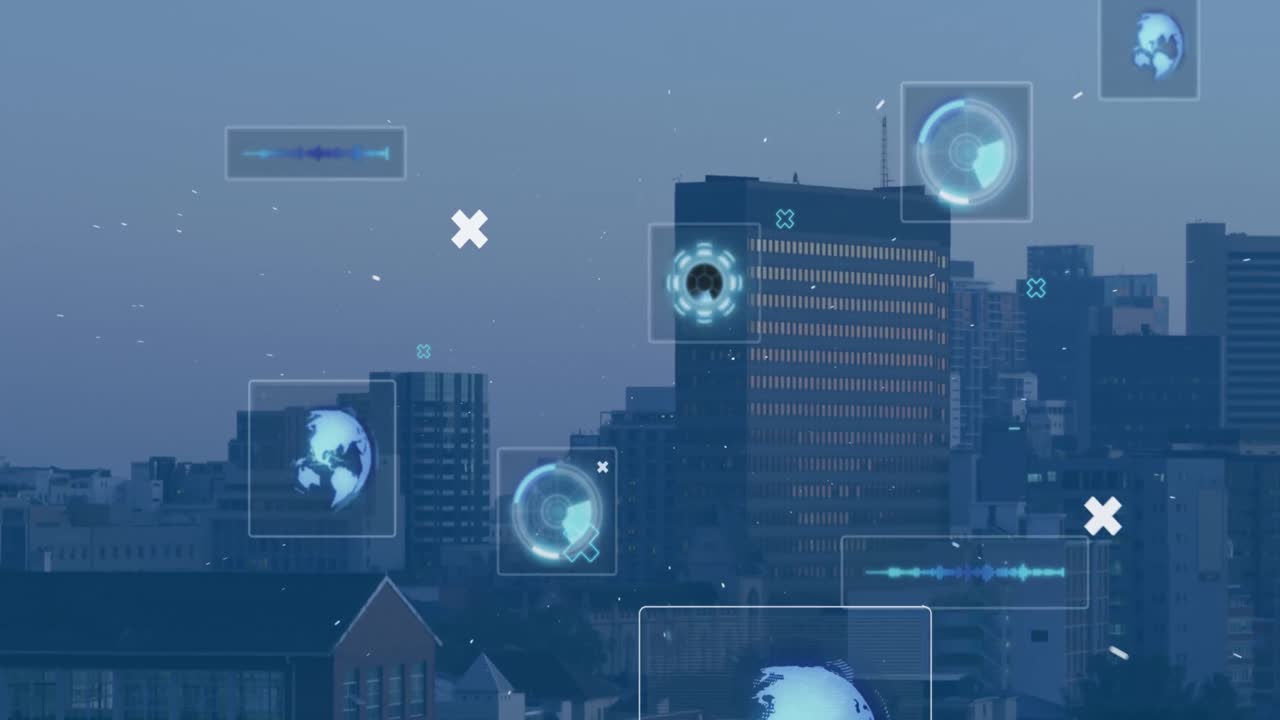 Animation of scopes scanning and data processing over cityscape