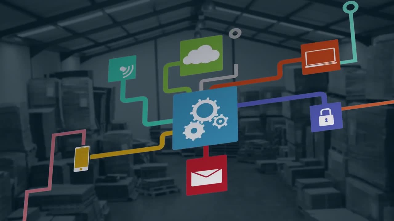 Animation of network with icons and cloud and data processing over warehouse