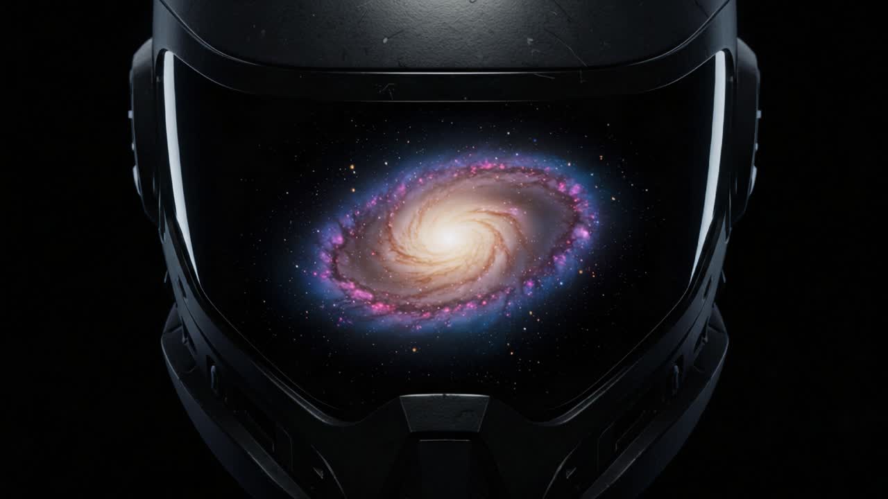 Una vista ipnotizzante del cosmo riflessa nella visiera di un casco futuristico, che fonde i regni dello spazio e della tecnologia in un'esperienza visiva accattivante.