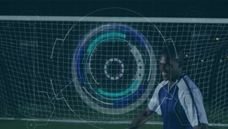 animation of scope scanning and data processing over biracial football player on pitch